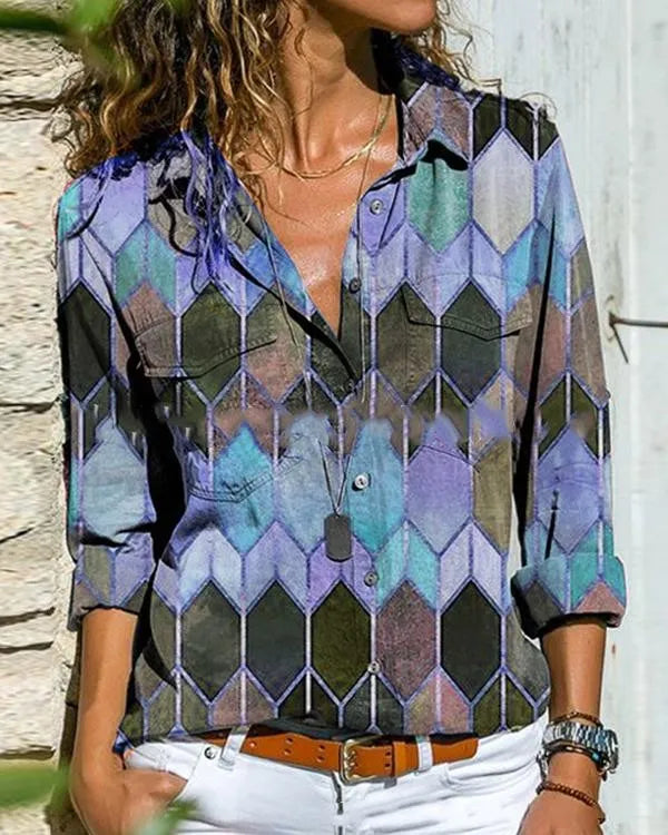 CM blusas de manga larga con cuello informal y bloques de color