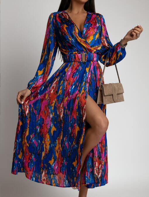CM | Vestido casual midi de línea A con estampado natural y cintura alta