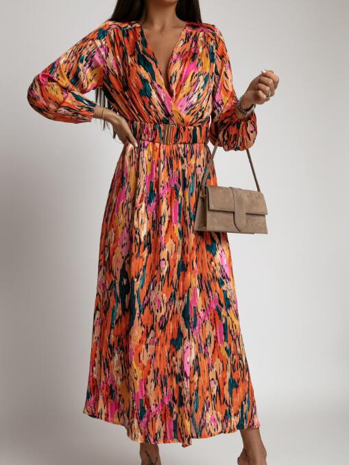 CM | Vestido casual midi de línea A con estampado natural y cintura alta