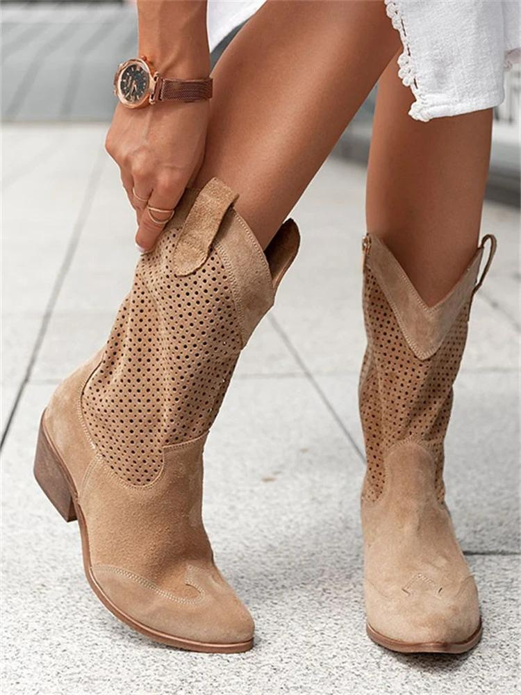 CM | Tacón Medio Alto Branded Ante Corte Bajo Botas Mujer Trendy