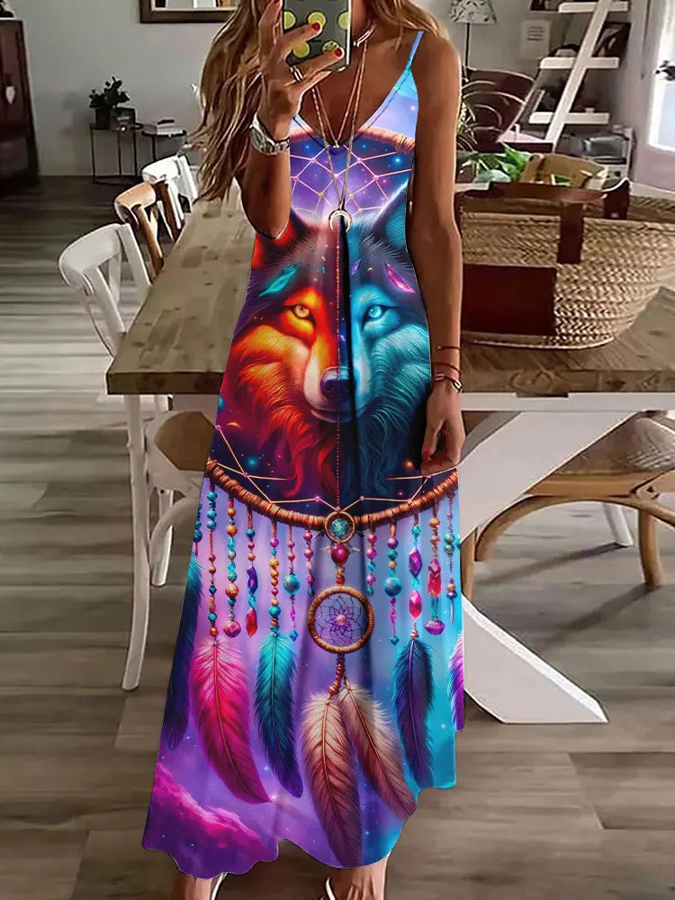 CM | 2024 Nuevo 3D Búho Vintage Imprimir Sin Mangas Chaleco Mujeres Larga Tribal Patrón Espagueti Correa Vestido Verano Larga Suelta Chaleco Vestidos