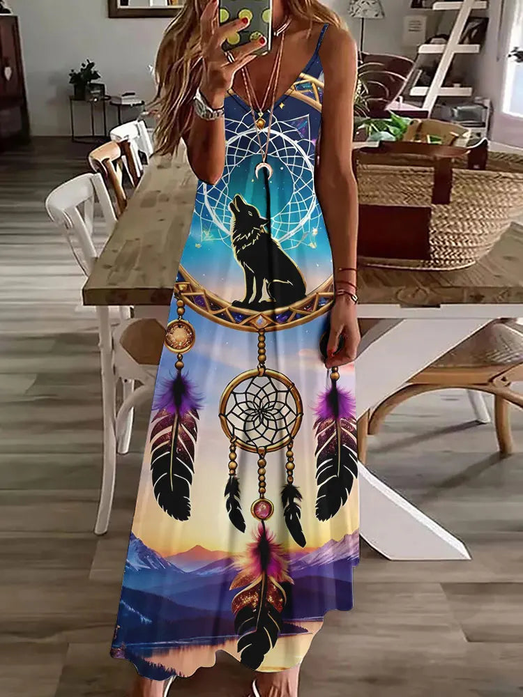CM | 2024 Nuevo 3D Búho Vintage Imprimir Sin Mangas Chaleco Mujeres Larga Tribal Patrón Espagueti Correa Vestido Verano Larga Suelta Chaleco Vestidos