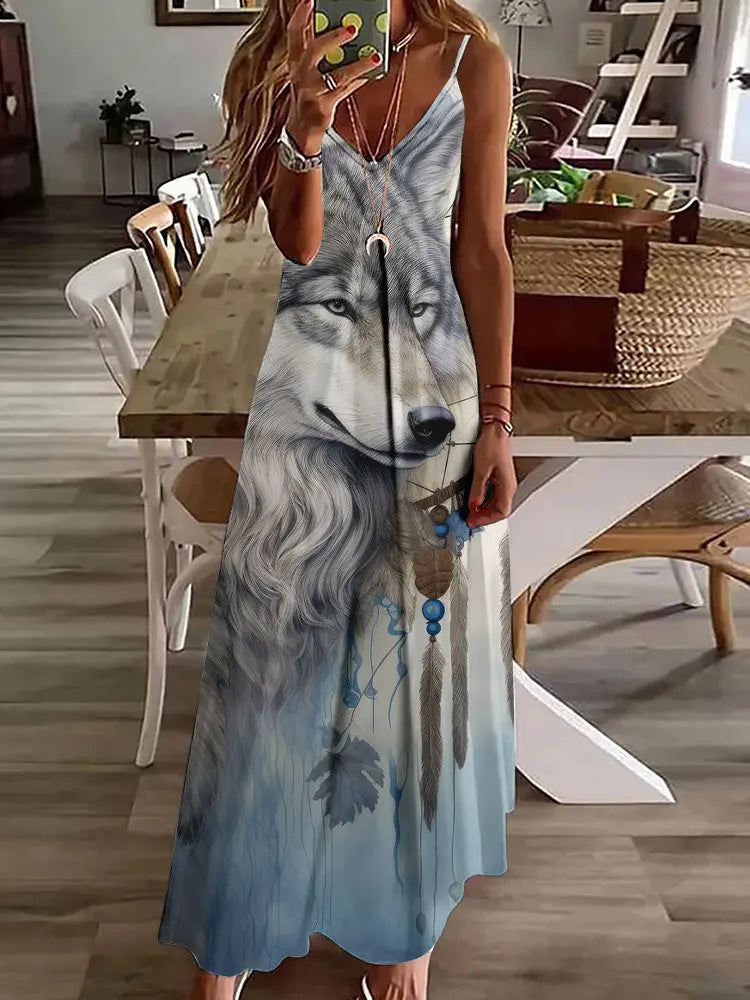 CM | 2024 Nuevo 3D Búho Vintage Imprimir Sin Mangas Chaleco Mujeres Larga Tribal Patrón Espagueti Correa Vestido Verano Larga Suelta Chaleco Vestidos