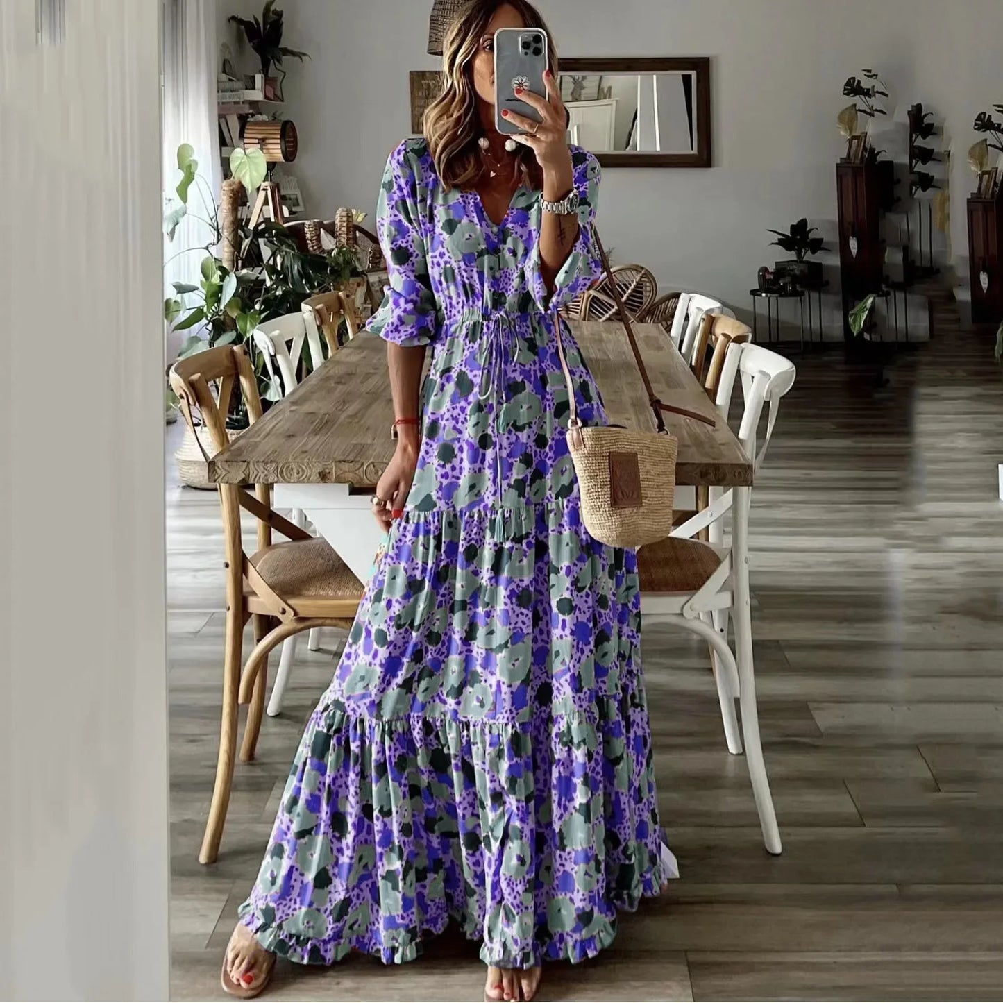 CM | 2024 verano nuevas mujeres europeas y americanas ropa temperamento vacaciones v-cuello impreso gran swing vestido largo