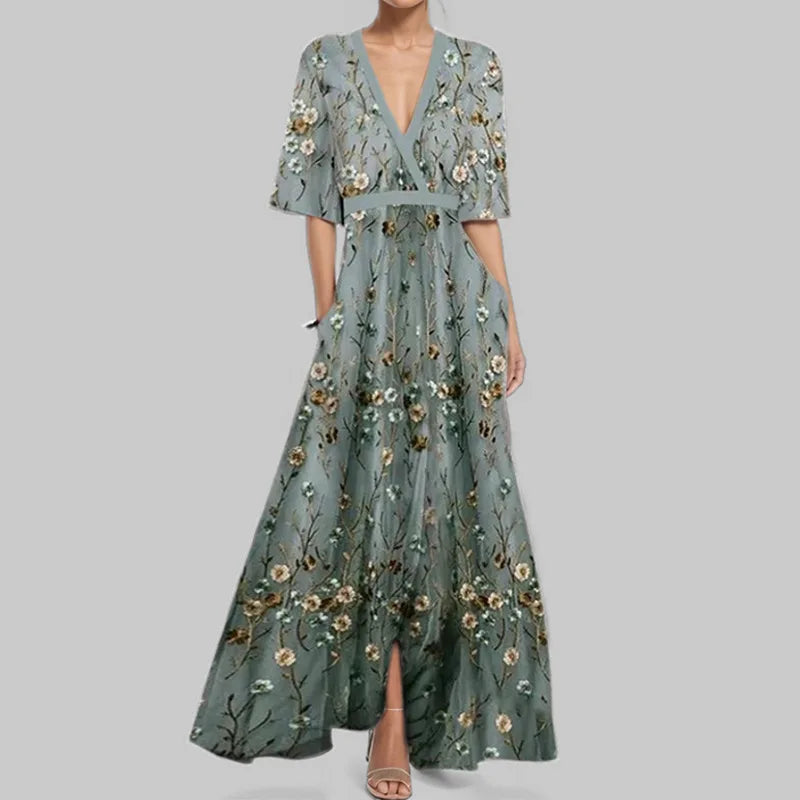 CM | Primavera Verano Mujeres Moda V Cuello Cinturón Fiesta Vestido Largo Sexy Print Boho Maxi Vestidos Manga Corta Bolsa Femlae Vacaciones