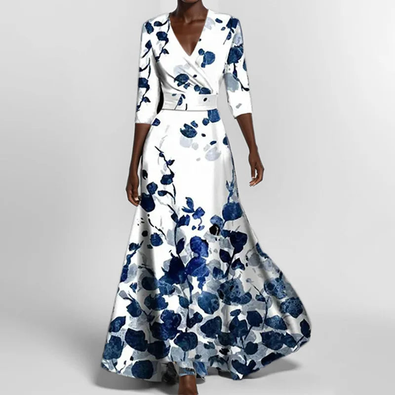 CM | Primavera Verano Mujeres Moda V Cuello Cinturón Fiesta Vestido Largo Sexy Print Boho Maxi Vestidos Manga Corta Bolsa Femlae Vacaciones