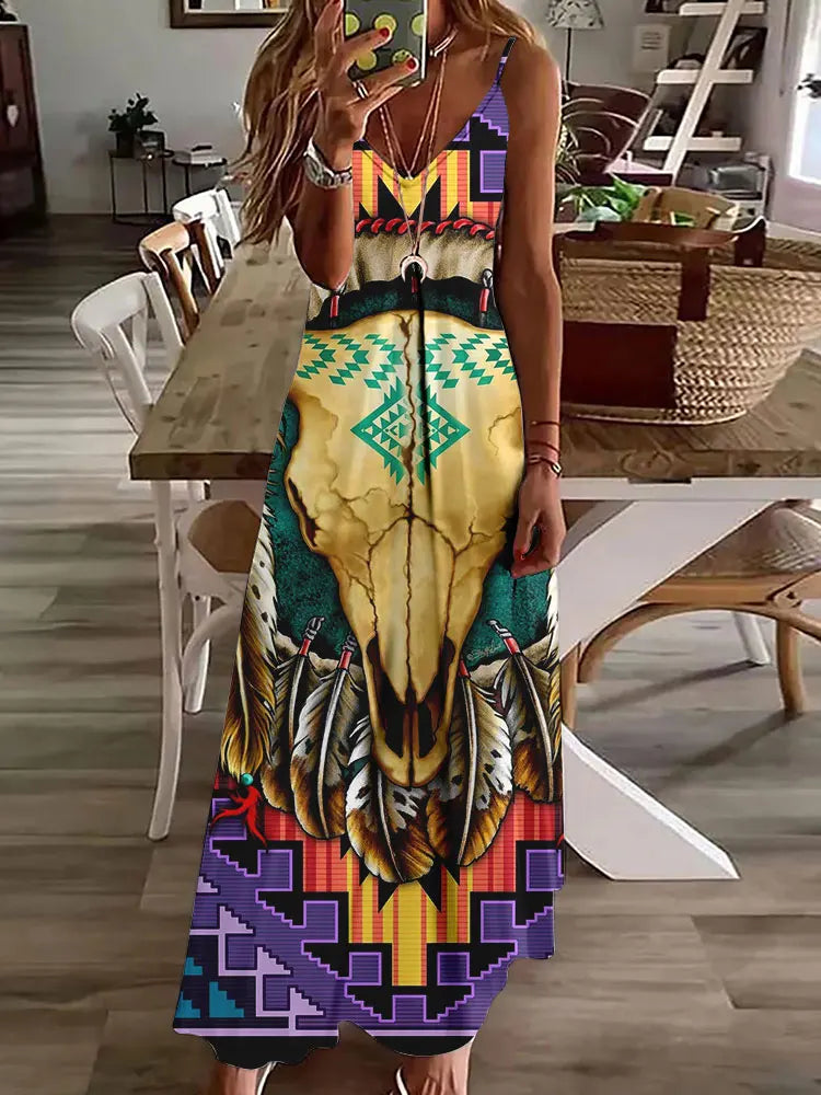 CM | 2024 Nuevo 3D Búho Vintage Imprimir Sin Mangas Chaleco Mujeres Larga Tribal Patrón Espagueti Correa Vestido Verano Larga Suelta Chaleco Vestidos