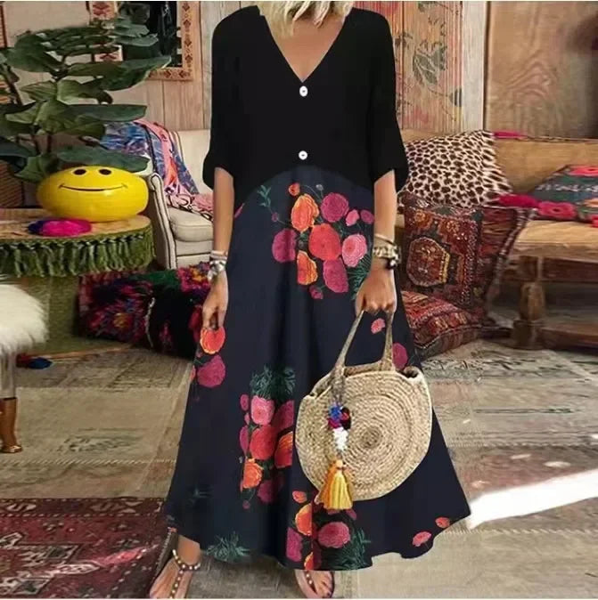 CM | 2025 Primavera Oversize Vestido Largo de la Mujer Imprimir V-Cuello Manga Corta Botón Suelta A-Line Vestidos Mujer Casual Elegante Ropa de Mujer
