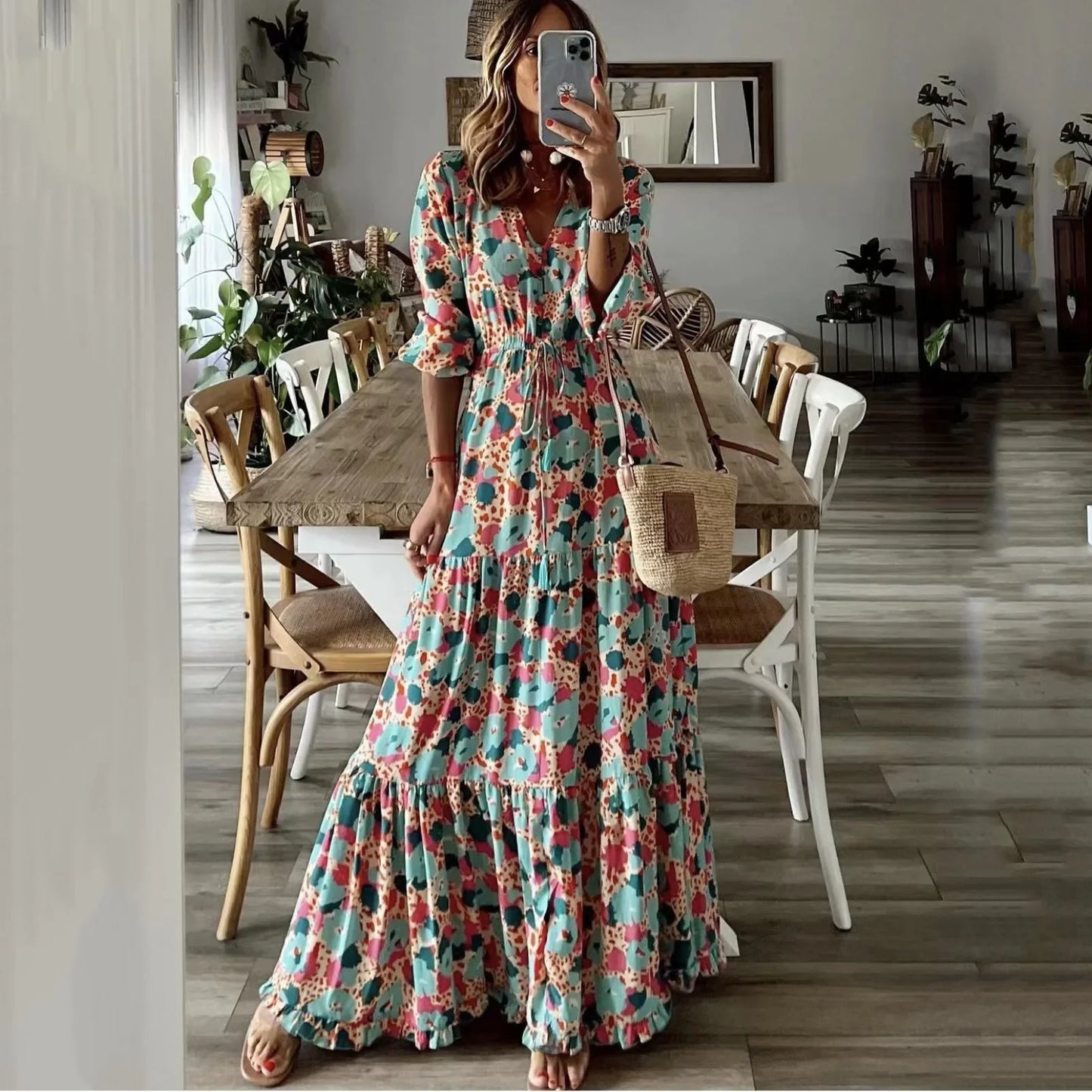 CM | 2024 verano nuevas mujeres europeas y americanas ropa temperamento vacaciones v-cuello impreso gran swing vestido largo