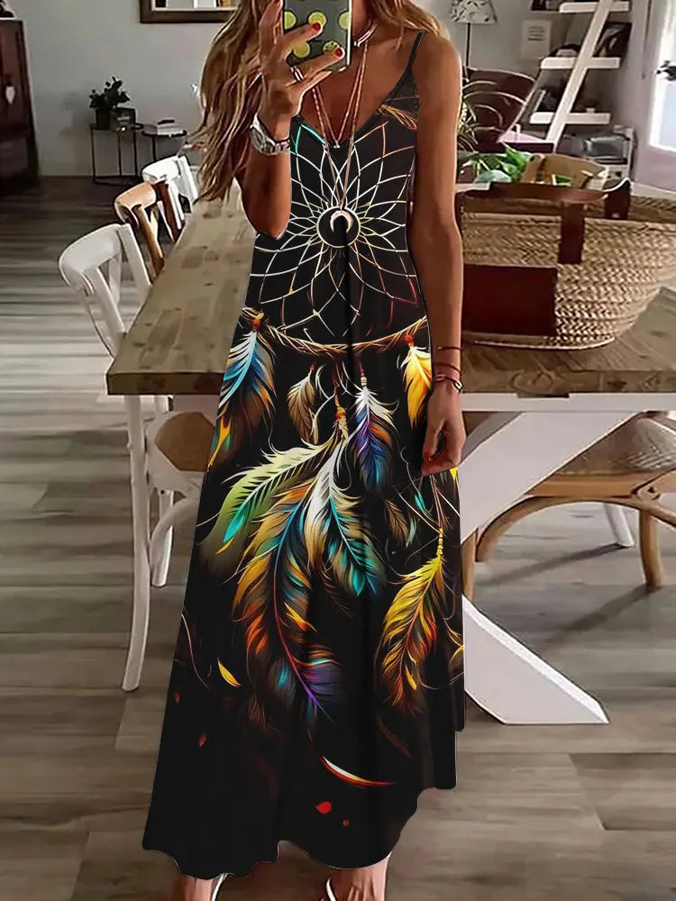 CM | 2024 Nuevo 3D Búho Vintage Imprimir Sin Mangas Chaleco Mujeres Larga Tribal Patrón Espagueti Correa Vestido Verano Larga Suelta Chaleco Vestidos