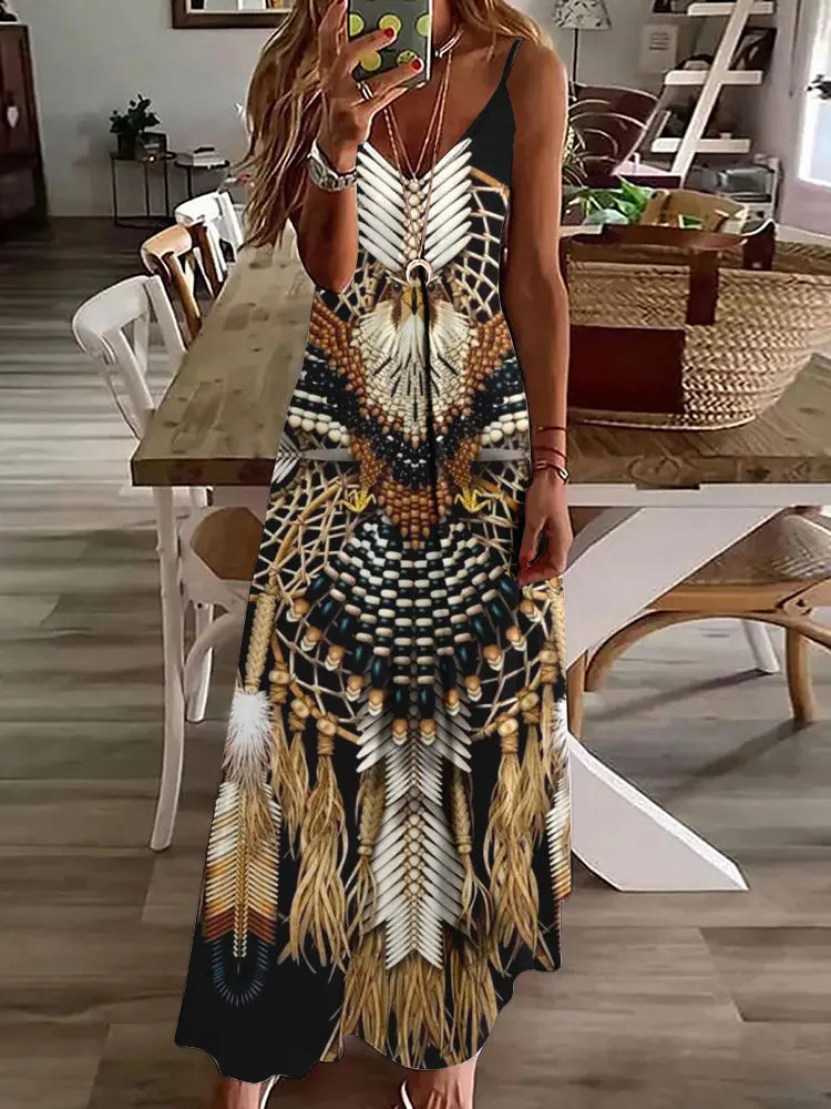 CM | 2024 Nuevo 3D Búho Vintage Imprimir Sin Mangas Chaleco Mujeres Larga Tribal Patrón Espagueti Correa Vestido Verano Larga Suelta Chaleco Vestidos