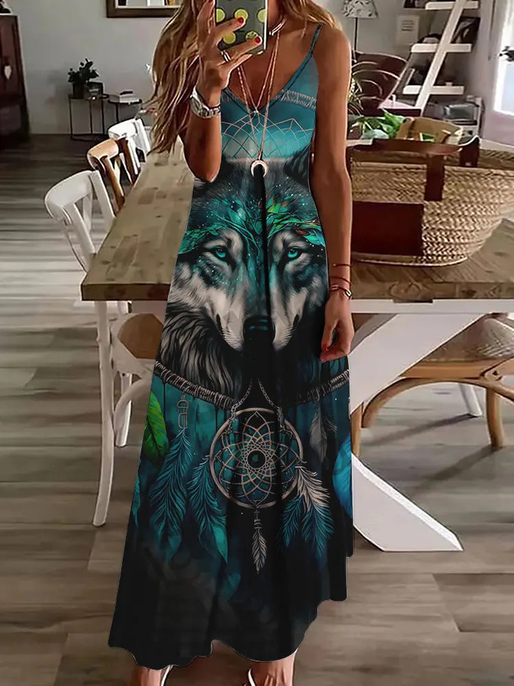 CM | 2024 Nuevo 3D Búho Vintage Imprimir Sin Mangas Chaleco Mujeres Larga Tribal Patrón Espagueti Correa Vestido Verano Larga Suelta Chaleco Vestidos