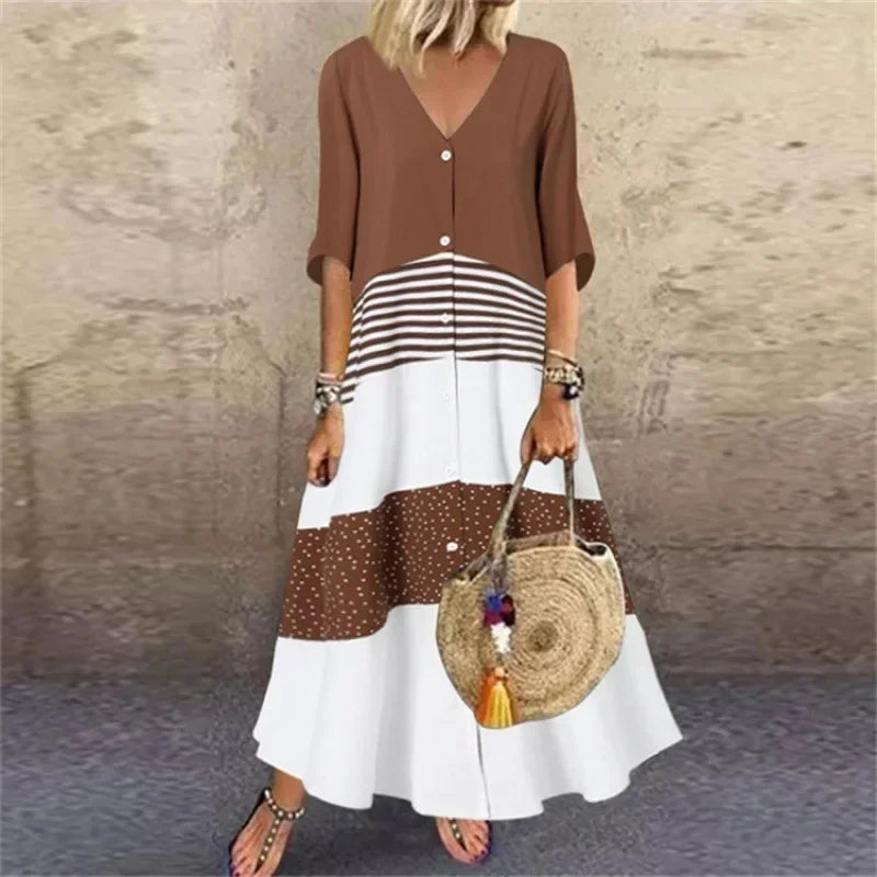 CM | 2025 Primavera Oversize Vestido Largo de la Mujer Imprimir V-Cuello Manga Corta Botón Suelta A-Line Vestidos Mujer Casual Elegante Ropa de Mujer