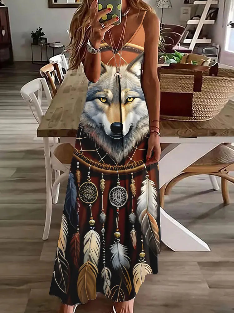 CM | 2024 Nuevo 3D Búho Vintage Imprimir Sin Mangas Chaleco Mujeres Larga Tribal Patrón Espagueti Correa Vestido Verano Larga Suelta Chaleco Vestidos