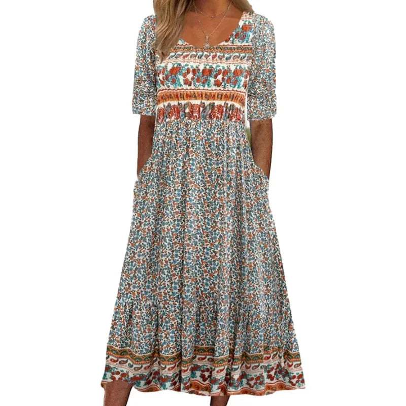 CM | 2024 Europa y Estados Unidos verano nuevas mujeres cuello redondo manga corta falda larga vestido estampado bohemio mujeres