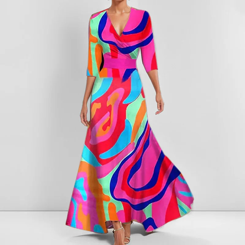 CM | Primavera Verano Mujeres Moda V Cuello Cinturón Fiesta Vestido Largo Sexy Print Boho Maxi Vestidos Manga Corta Bolsa Femlae Vacaciones