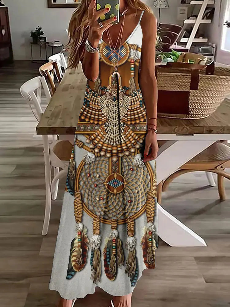 CM | 2024 Nuevo 3D Búho Vintage Imprimir Sin Mangas Chaleco Mujeres Larga Tribal Patrón Espagueti Correa Vestido Verano Larga Suelta Chaleco Vestidos