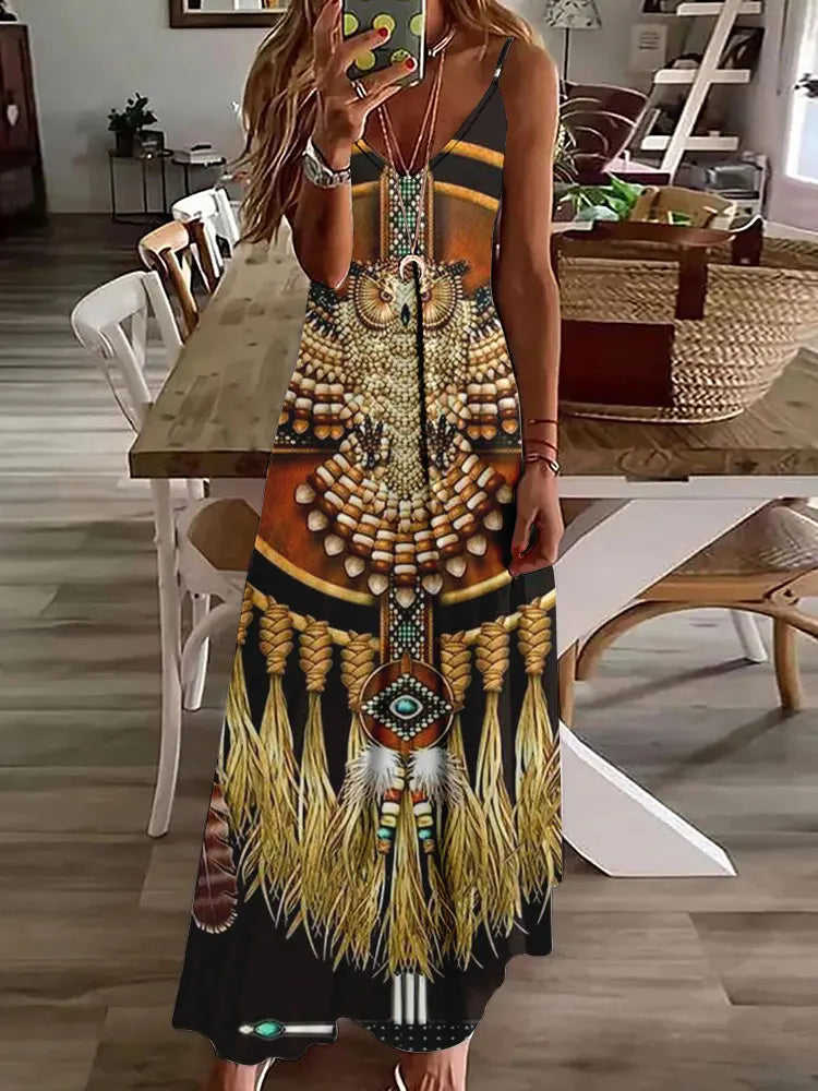 CM | 2024 Nuevo 3D Búho Vintage Imprimir Sin Mangas Chaleco Mujeres Larga Tribal Patrón Espagueti Correa Vestido Verano Larga Suelta Chaleco Vestidos