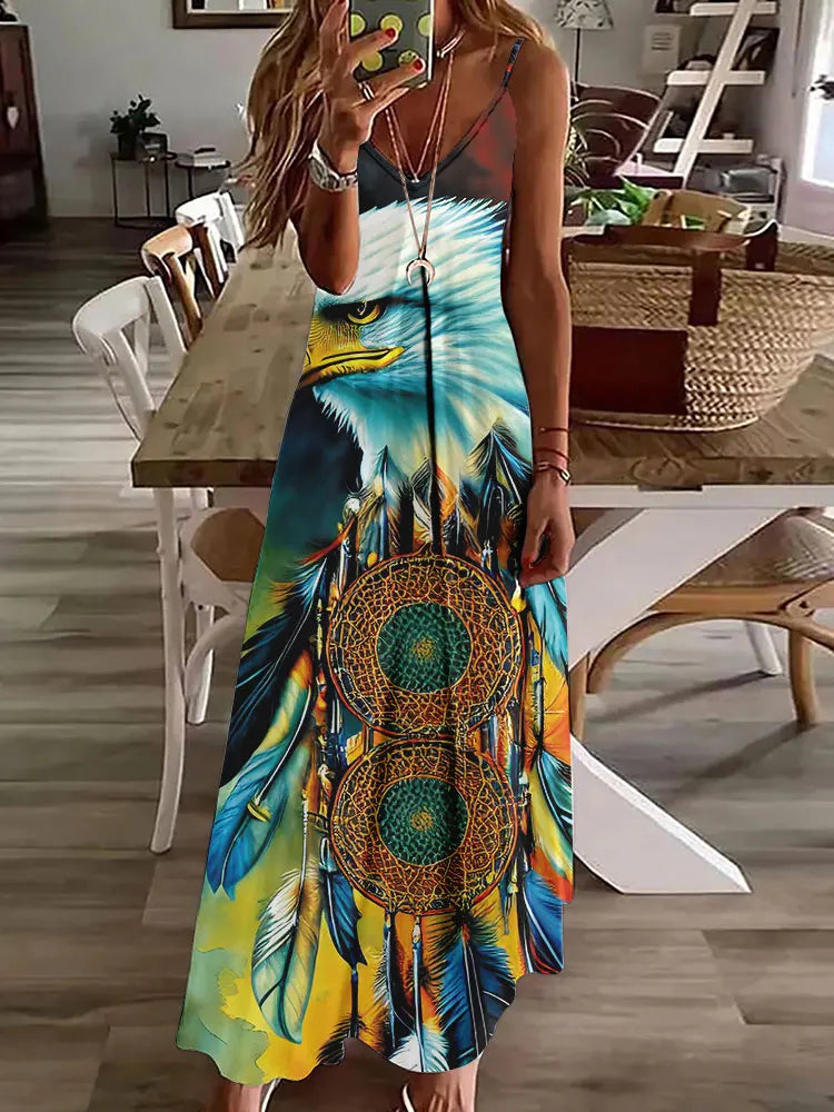 CM | 2024 Nuevo 3D Búho Vintage Imprimir Sin Mangas Chaleco Mujeres Larga Tribal Patrón Espagueti Correa Vestido Verano Larga Suelta Chaleco Vestidos
