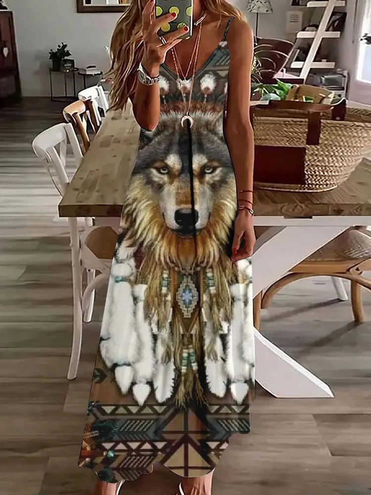 CM | 2024 Nuevo 3D Búho Vintage Imprimir Sin Mangas Chaleco Mujeres Larga Tribal Patrón Espagueti Correa Vestido Verano Larga Suelta Chaleco Vestidos