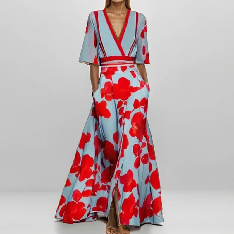 CM | Primavera Verano Mujeres Moda V Cuello Cinturón Fiesta Vestido Largo Sexy Print Boho Maxi Vestidos Manga Corta Bolsa Femlae Vacaciones