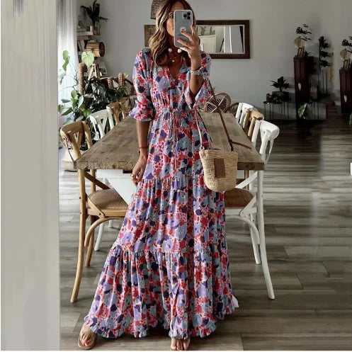 CM | 2024 verano nuevas mujeres europeas y americanas ropa temperamento vacaciones v-cuello impreso gran swing vestido largo