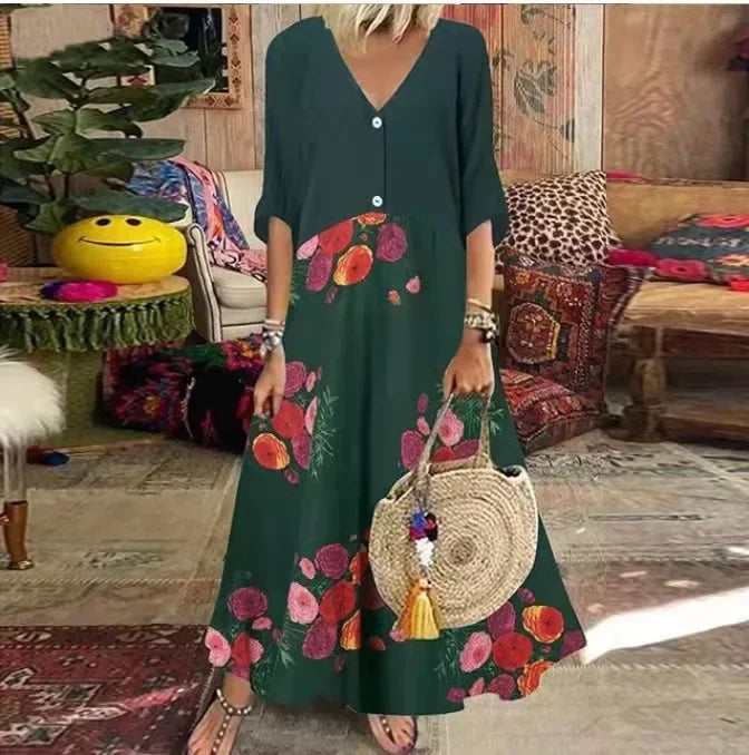 CM | 2025 Primavera Oversize Vestido Largo de la Mujer Imprimir V-Cuello Manga Corta Botón Suelta A-Line Vestidos Mujer Casual Elegante Ropa de Mujer