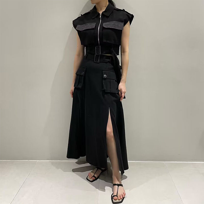 CM | Elegante vestido con cintura alta y detalles de cárdigan