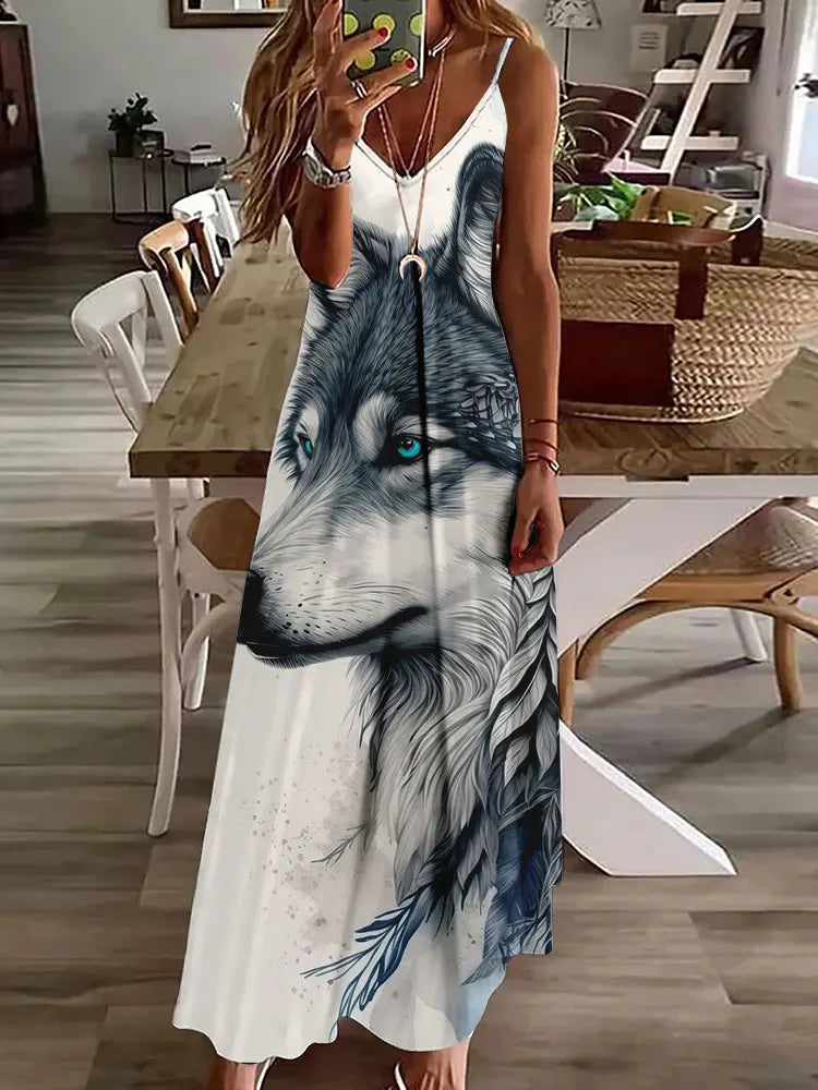 CM | 2024 Nuevo 3D Búho Vintage Imprimir Sin Mangas Chaleco Mujeres Larga Tribal Patrón Espagueti Correa Vestido Verano Larga Suelta Chaleco Vestidos