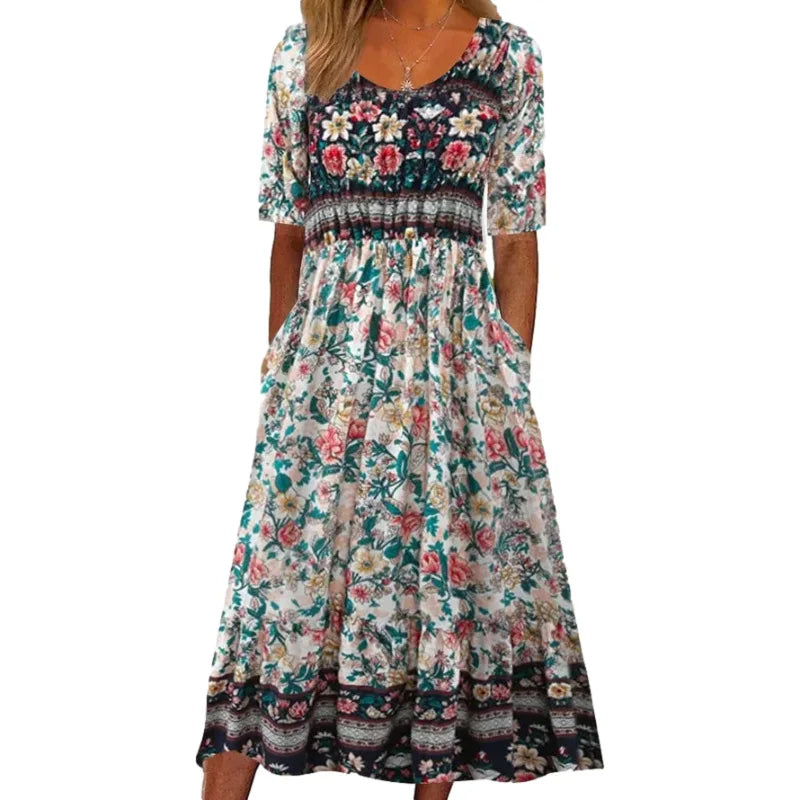 CM | 2024 Europa y Estados Unidos verano nuevas mujeres cuello redondo manga corta falda larga vestido estampado bohemio mujeres