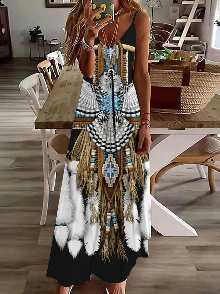 CM | 2024 Nuevo 3D Búho Vintage Imprimir Sin Mangas Chaleco Mujeres Larga Tribal Patrón Espagueti Correa Vestido Verano Larga Suelta Chaleco Vestidos