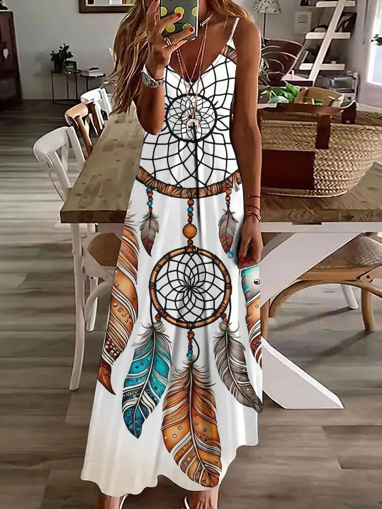 CM | 2024 Nuevo 3D Búho Vintage Imprimir Sin Mangas Chaleco Mujeres Larga Tribal Patrón Espagueti Correa Vestido Verano Larga Suelta Chaleco Vestidos