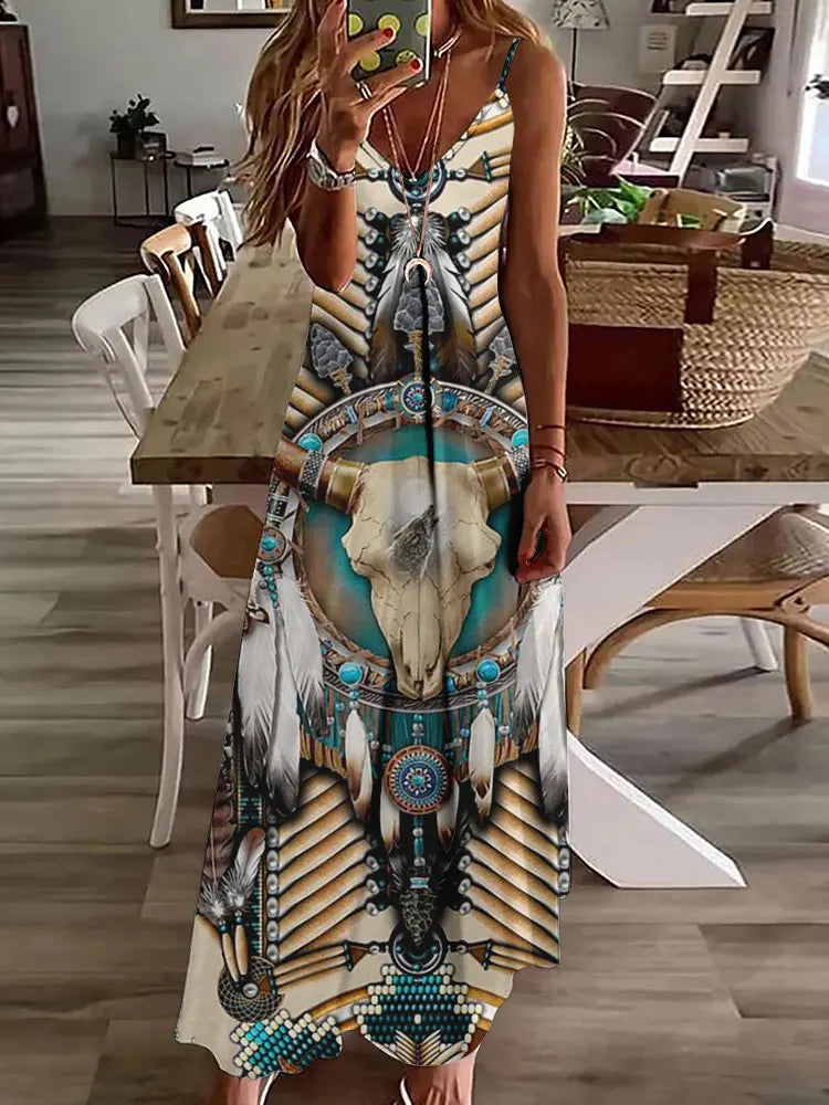 CM | 2024 Nuevo 3D Búho Vintage Imprimir Sin Mangas Chaleco Mujeres Larga Tribal Patrón Espagueti Correa Vestido Verano Larga Suelta Chaleco Vestidos