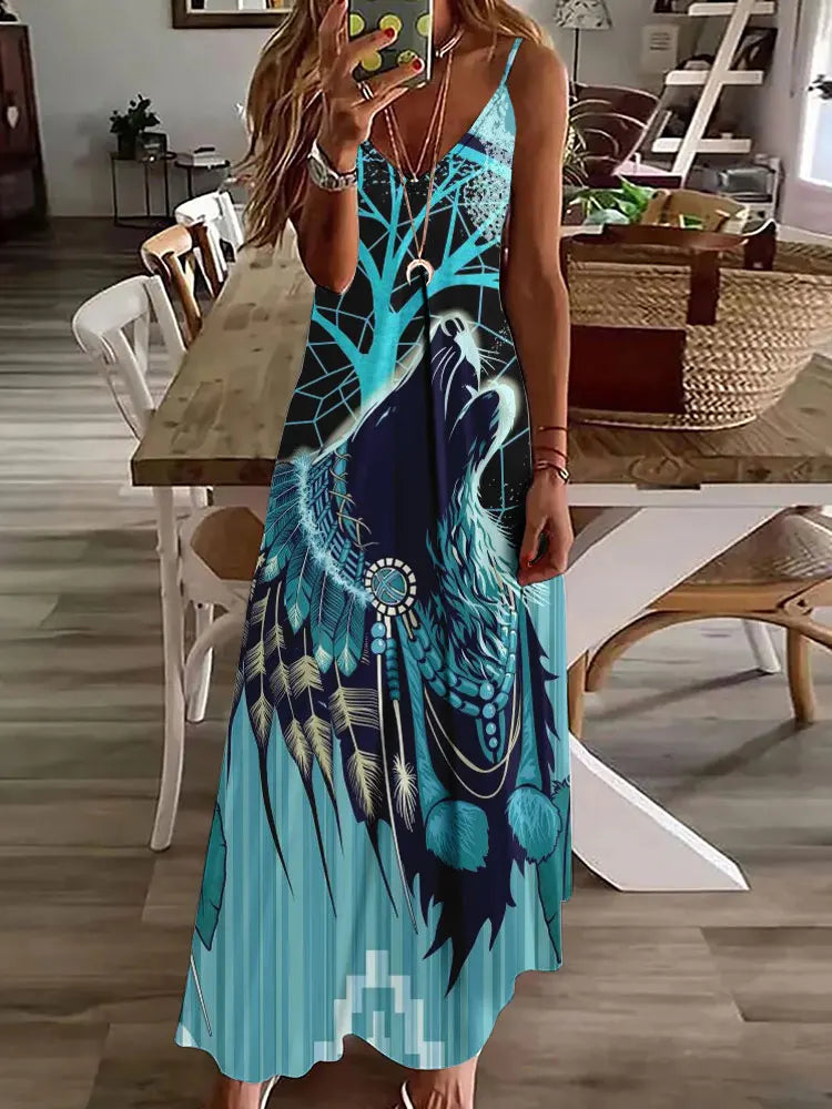 CM | 2024 Nuevo 3D Búho Vintage Imprimir Sin Mangas Chaleco Mujeres Larga Tribal Patrón Espagueti Correa Vestido Verano Larga Suelta Chaleco Vestidos