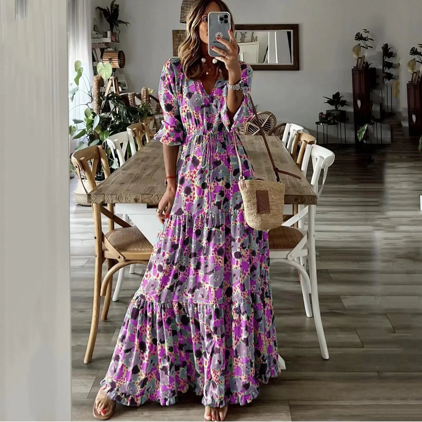 CM | 2024 verano nuevas mujeres europeas y americanas ropa temperamento vacaciones v-cuello impreso gran swing vestido largo