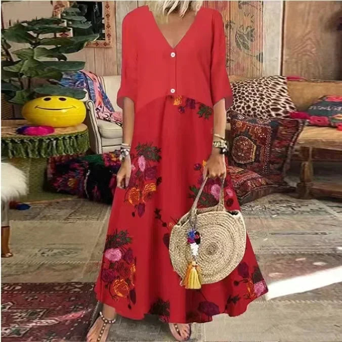 CM | 2025 Primavera Oversize Vestido Largo de la Mujer Imprimir V-Cuello Manga Corta Botón Suelta A-Line Vestidos Mujer Casual Elegante Ropa de Mujer