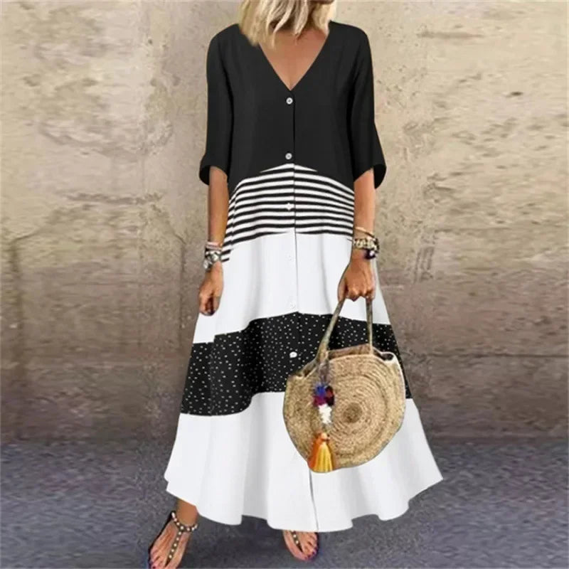 CM | 2025 Primavera Oversize Vestido Largo de la Mujer Imprimir V-Cuello Manga Corta Botón Suelta A-Line Vestidos Mujer Casual Elegante Ropa de Mujer