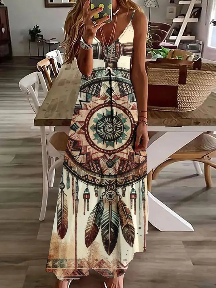 CM | 2024 Nuevo 3D Búho Vintage Imprimir Sin Mangas Chaleco Mujeres Larga Tribal Patrón Espagueti Correa Vestido Verano Larga Suelta Chaleco Vestidos