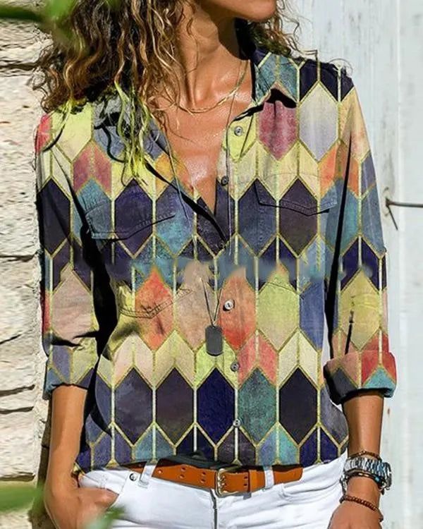 CM blusas de manga larga con cuello informal y bloques de color