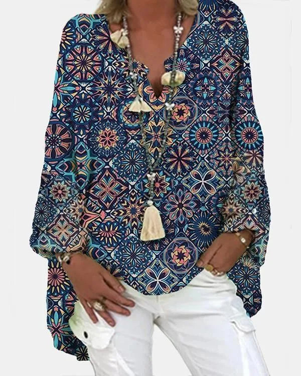 CM Estampado geométrico de manga larga con cuello de pico blusa casual para las mujeres