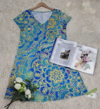 CM | Minivestido azul océano hasta la rodilla con estampado de mandala y manga corta
