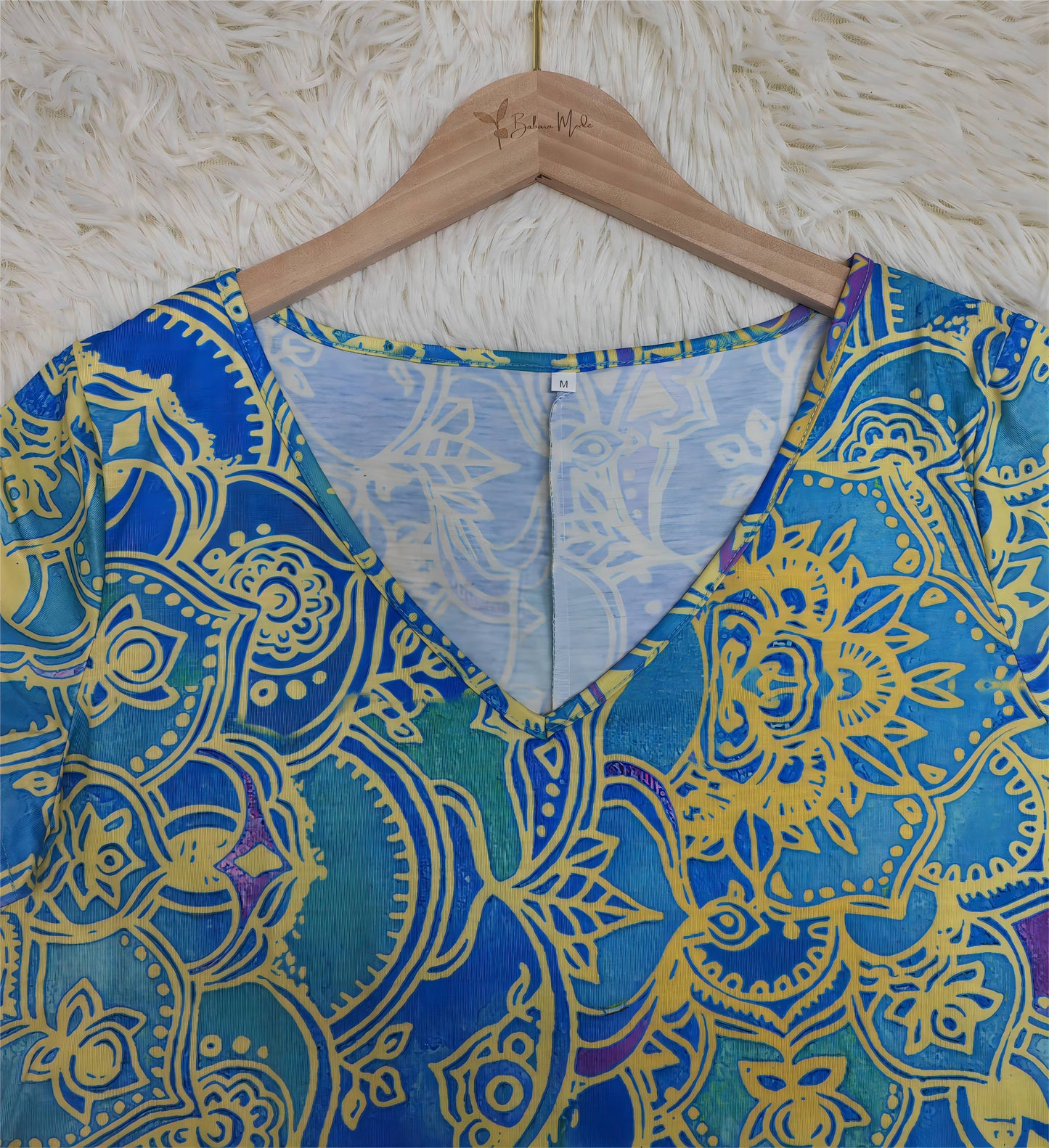 CM | Minivestido azul océano hasta la rodilla con estampado de mandala y manga corta
