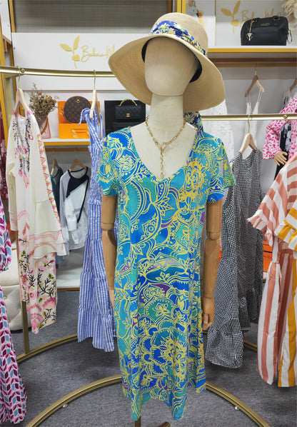 CM | Minivestido azul océano hasta la rodilla con estampado de mandala y manga corta
