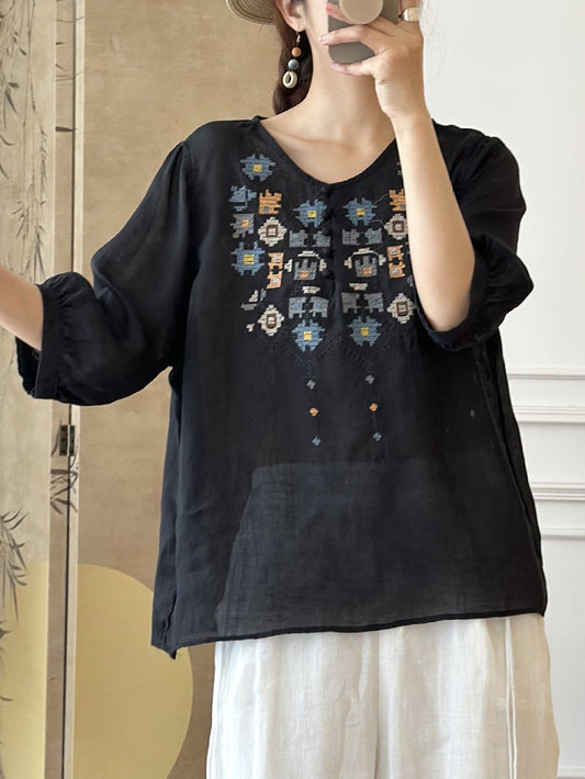 CM | Camisa de Ramio Bordada Étnica de Verano para Mujer