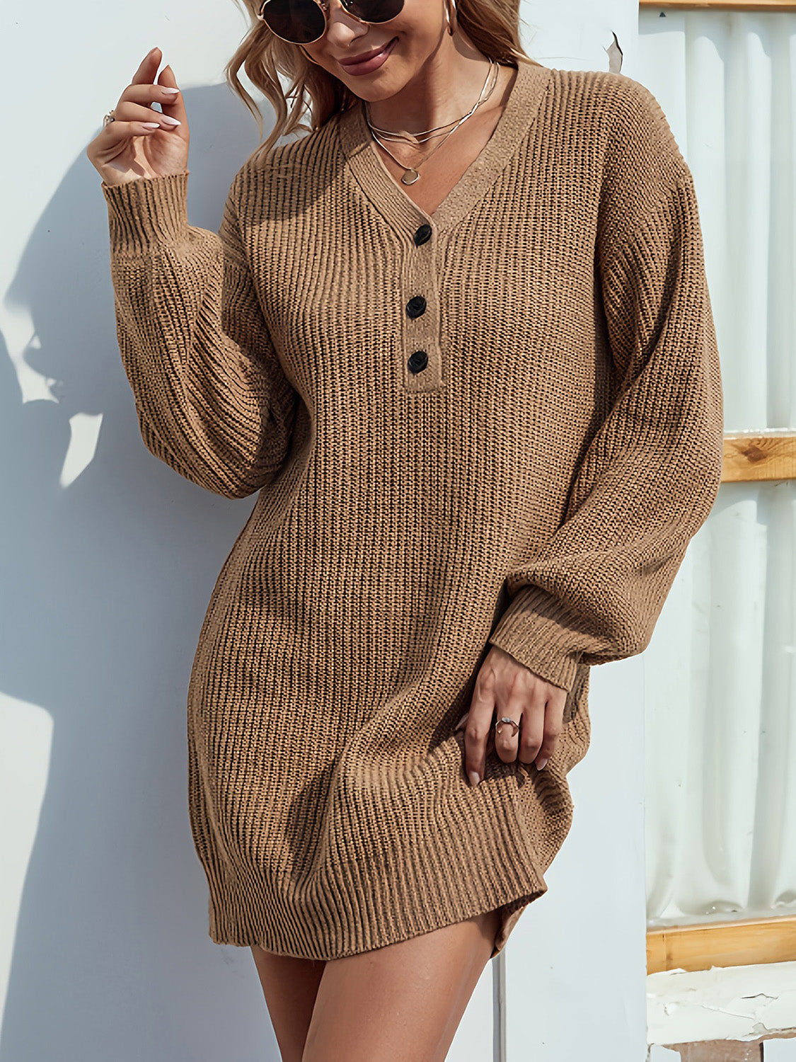 CM | Camel Minivestido de jersey color caramelo con cuello en V y hombros caídos para mujer