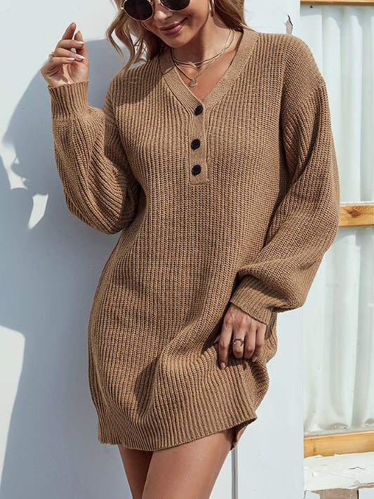 CM | Camel Minivestido de jersey color caramelo con cuello en V y hombros caídos para mujer