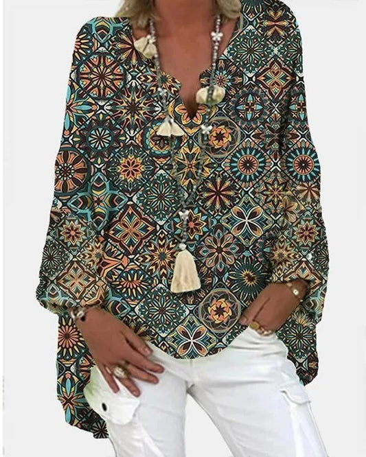 CM Estampado geométrico de manga larga con cuello de pico blusa casual para las mujeres