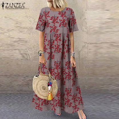 CM | 2024 ZANZEA Mujeres Bohemio Manga Corta Floral Impreso Sundress O Cuello Vacaciones Kaftan Vestido Vestido Baggy Verano Vestidos Largos