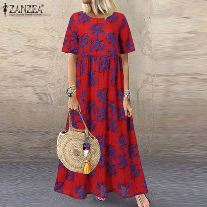 CM | 2024 ZANZEA Mujeres Bohemio Manga Corta Floral Impreso Sundress O Cuello Vacaciones Kaftan Vestido Vestido Baggy Verano Vestidos Largos