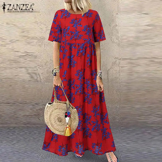CM | 2024 ZANZEA Mujeres Bohemio Manga Corta Floral Impreso Sundress O Cuello Vacaciones Kaftan Vestido Vestido Baggy Verano Vestidos Largos